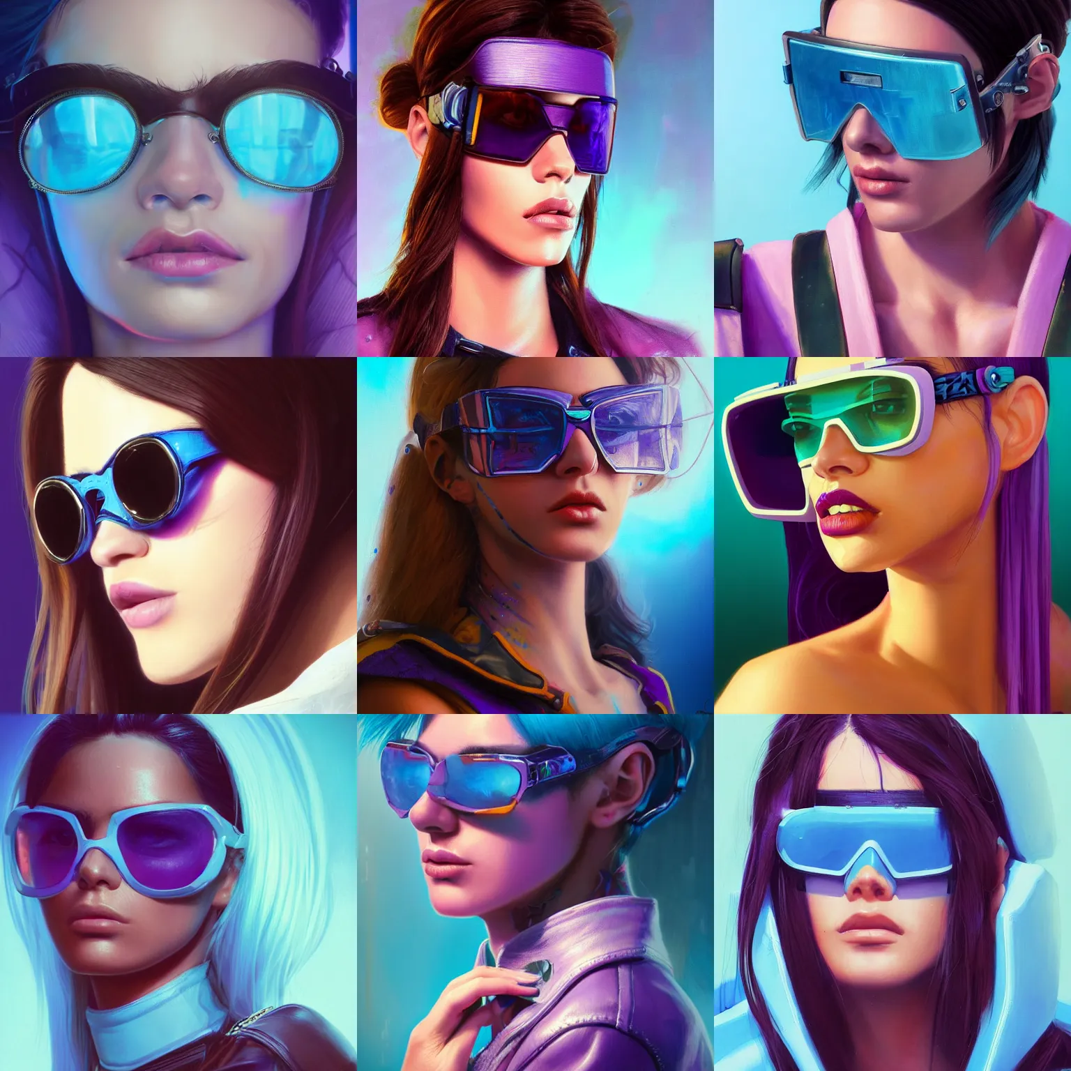 Prompt: very detailed masterpiece closeup painting of a very beautiful young mexican cyberpunk woman with light blue shutter shades, one side haircut, long brown hair with light blue ends, purple leather jacket, beauty mark on cheek, portrait, synthwave background, artstation, concept art by greg rutkowski