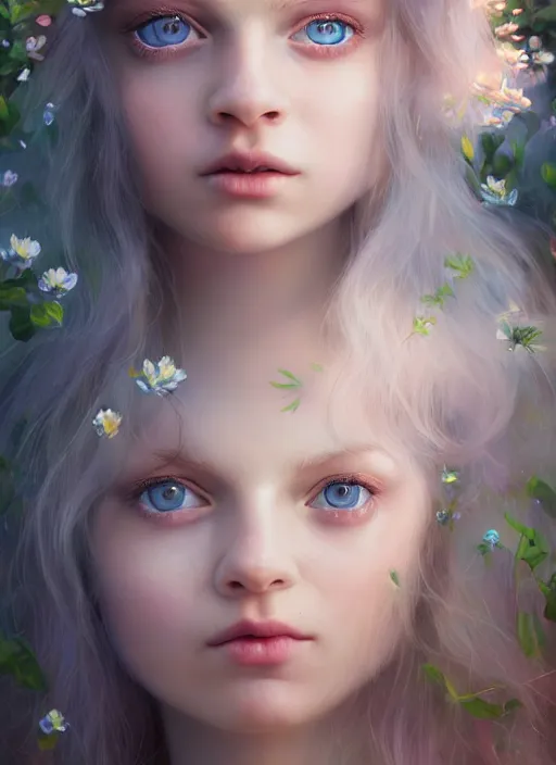 Prompt: portrait of a gorgeous fairy princess of the forest, perfect blue eyes, detailed iridescent floral pattern skin, ultra realistic, cinematic lighting, depth of field, artstation, artgerm, Gottfried Helnwein