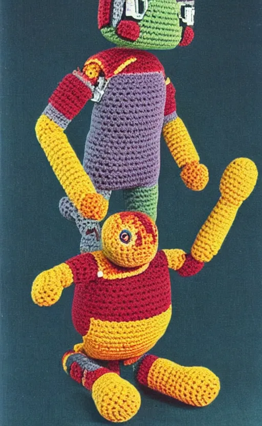 Image similar to multicolored crocheted cyborg cat, 1 9 8 0 s catalogue photo