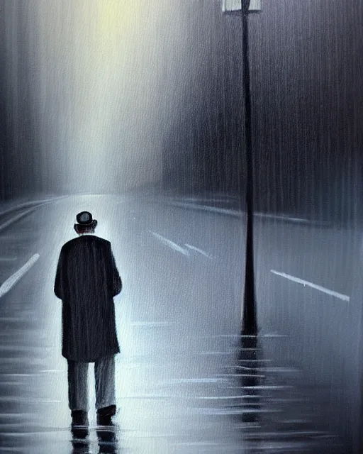 Image similar to a painting of an old man looking down the street, rain, an ultrafine detailed painting, by cabu, featured on deviantart, detailed painting, deviantart