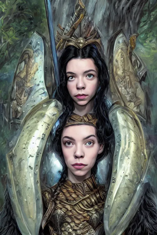 Image similar to A fantasy comic book style, portrait painting of, Anya Taylor-Joy, composite hybrid, Oona Chaplin, as a youthful, Reptilian, Atlantean Warrior, Mystical Valkyrie, Modest light Armor, Sword, Sheild, Spear, François Boucher, Oil Painting, unreal 5, DAZ, hyper-realistic, Photorealistic, octane render, Regal, Refined, Coherent, Detailed Digital Art, RPG portrait, William-Adolphe Bouguereau, Michael Cheval, Walt Disney (1937), Steampunk, Hieronymus Bosch, Golden dappled dynamic lighting, Highly Detailed, Theophanic atmosphere, Cinematic Lighting, Unreal Engine, 8k, HD