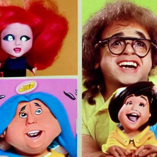 Prompt: danny devito obsessed with barbies 1 9 8 0 s children's show, detailed facial expressions