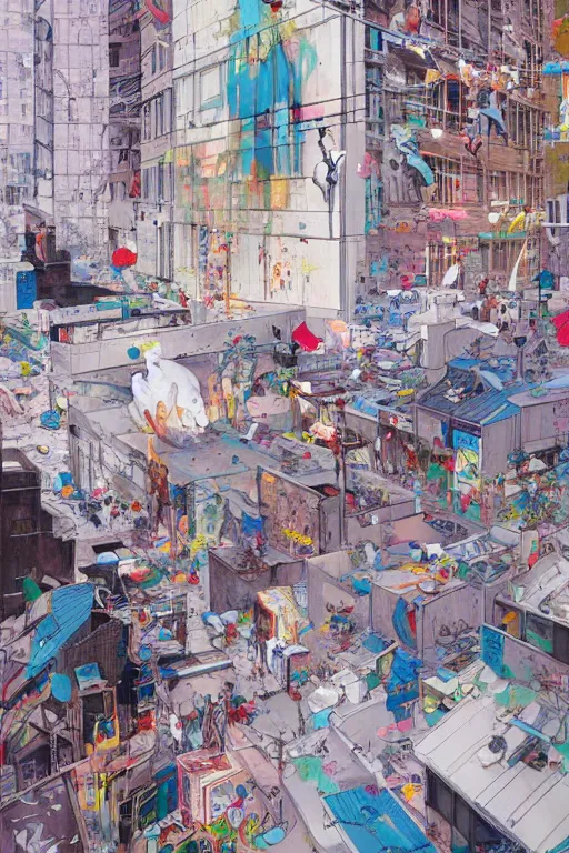 Image similar to people in a busy city people looking at a white building covered with graffiti paint dripping down to the floor, james jean, painterly, yoshitaka amano, hiroshi yoshida, moebius, loish, painterly, and artgerm, illustration