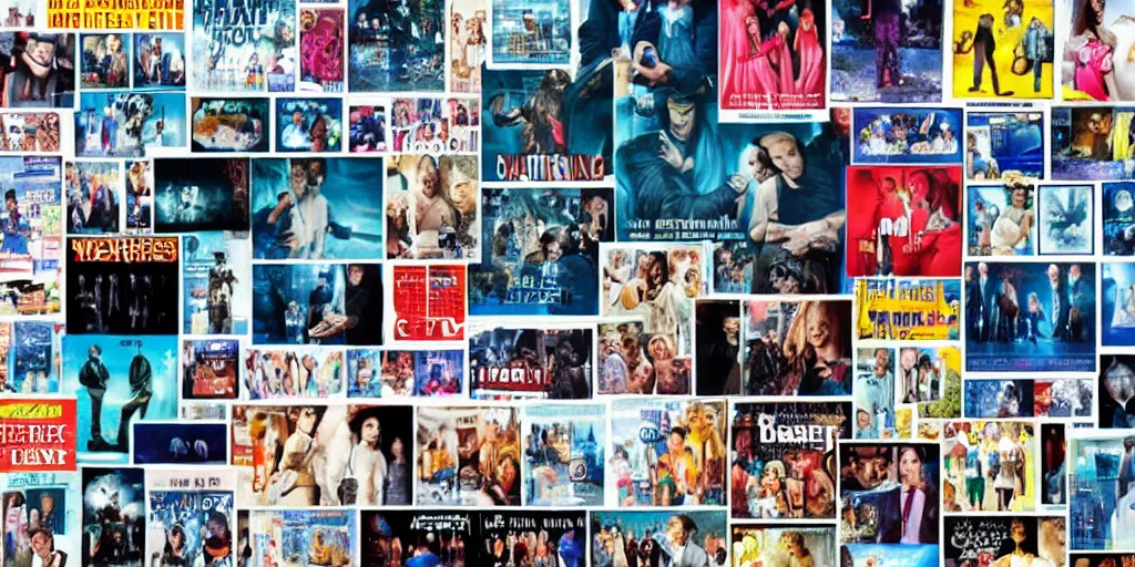 Image similar to collage of tv show posters on a white wall, with blue overtones