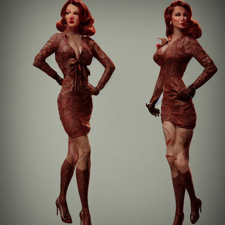 Image similar to a hyperrealistic rendering full body concept, model of a pinup with a beautiful face and full intricate clothing, deep color, cryengine render 8 k, extreme detail, dynamic pose