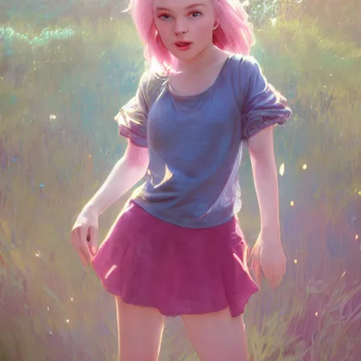 Image similar to a photorealistic dramatic fantasy render of adorable young girl, tounge out, blonde hair, blue eyes, in pink short mini skirt, by wlop, artgerm, greg rutkowski, alphonse mucha, beautiful dynamic dramatic sense of awe, lighting, shadows, cinematic atmosphere, artstation, concept design art, octane render, 8 k