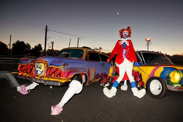 Prompt: 2 0 clowns leaving a clowncar at a california drive in, in 2 0 1 2, cutecore clowncore, bathed in the the glow of the sunset, low - light photograph, in style of tyler mitchell