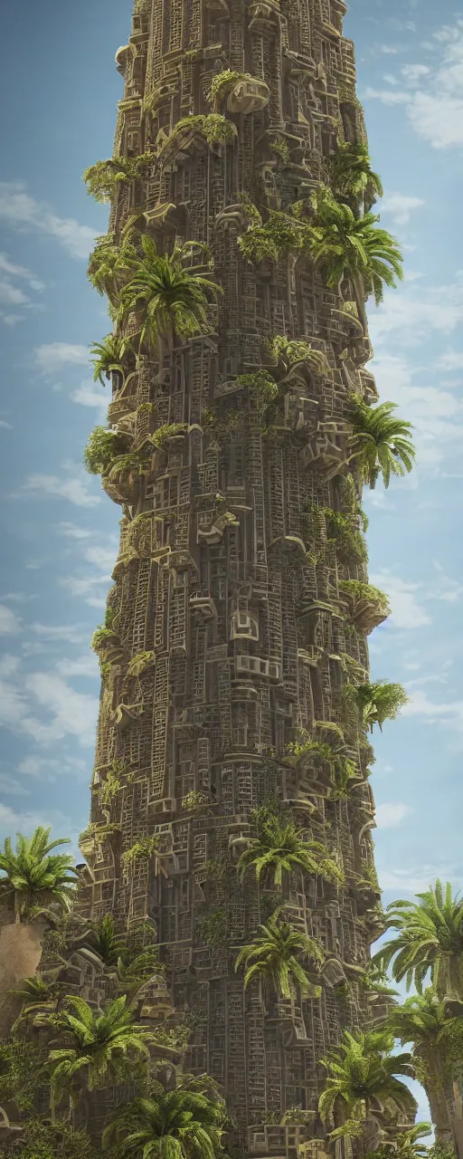 Image similar to solarpunk, eye level view of a contemporary babylon tower, golden intricate details, stone facade, sacred architecture, hanging gardens, cascading highrise, arid mountains with lush palm forest, photorealistic, sunlight, post - production, octane, cgi, sfx