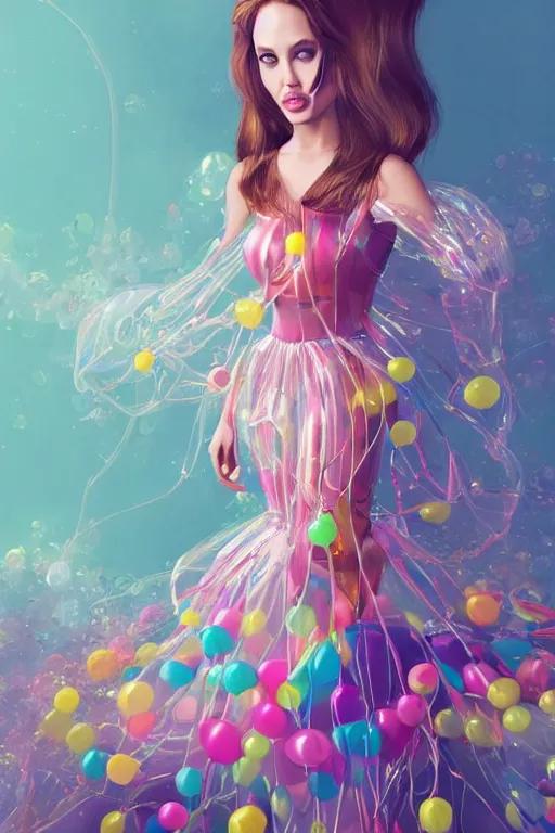 Prompt: young angelina jolie as an balloon woman dressed in intricate balloon clothing surrounded by tiny balloons, fantasy, wlop, trending on artstation, deviantart, anime key visual, official media, professional art, 8 k uhd