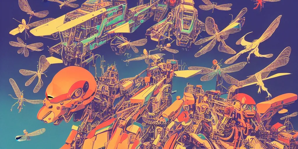 Prompt: risograph rendition, gigantic mecha arzach birds with dragonflies, tiny rats, a lot of exotic animals around, big human faces everywhere, helicopters and tremendous birds, by satoshi kon and moebius, matte bright colors, surreal design, crispy, super - detailed, a lot of tiny details, fullshot