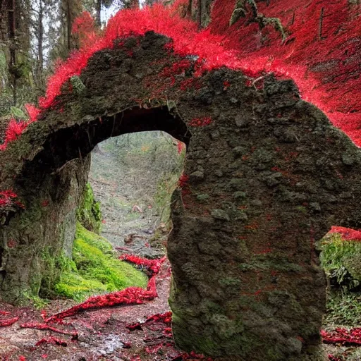 Prompt: the ruins of a giant stone brick village in a breathtaking landscape, red vines and moss growing over everything, a broken stone statue of a man with a red stone sword pointing into the distance