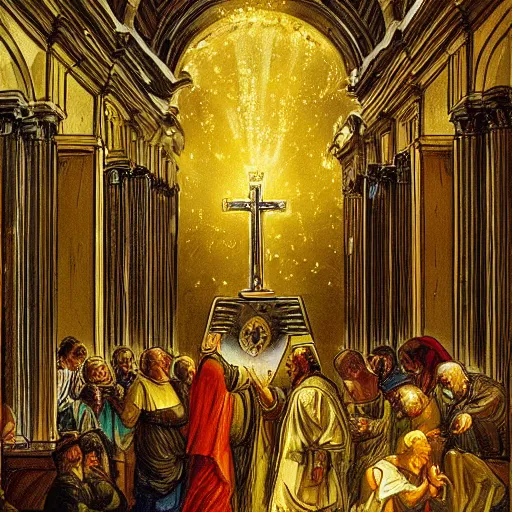 Image similar to a priest baptizing a cyborg in a vatican church wide - angle. holy light. painting.