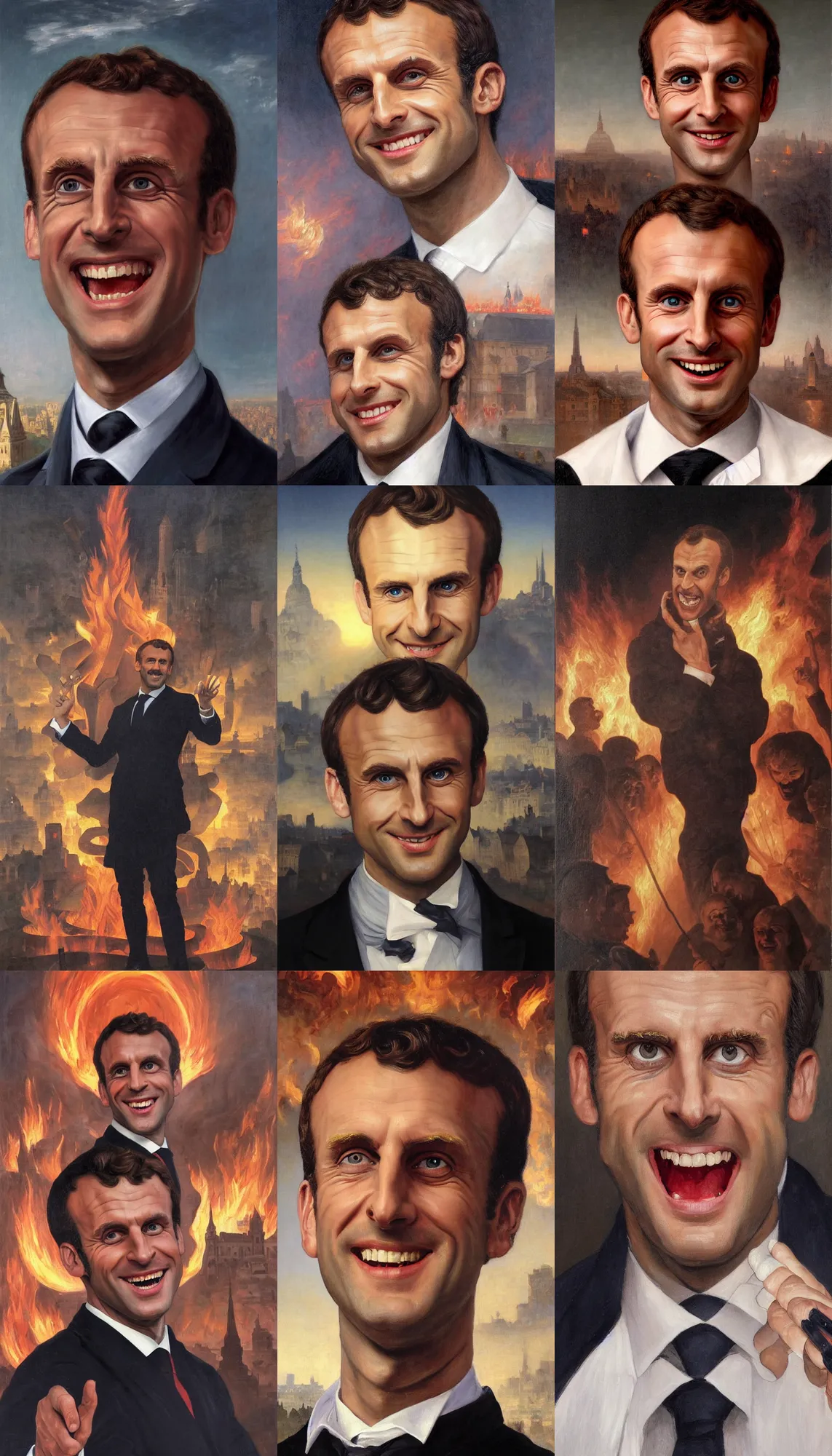 Prompt: portrait of evil emmanuel macron!!!!!!!!!!!!!!!!!!!!!!!!!!! laughing hysterically, detailed face, detailed painting, city in flamme in the background, epic scene, epic lighting, by bouguereau