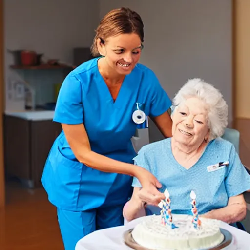 Image similar to photograph of a nurse giving a patient a birthday cake