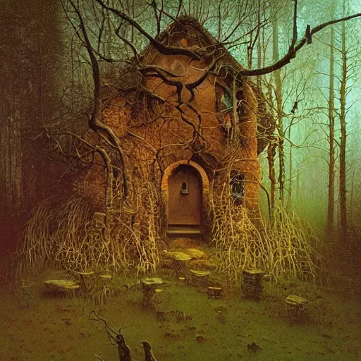 Prompt: small cottage in the forest by zdzisław beksinski, marco mazzoni, peter gric, oil on canvas, highly detailed, whimsical, fantasy