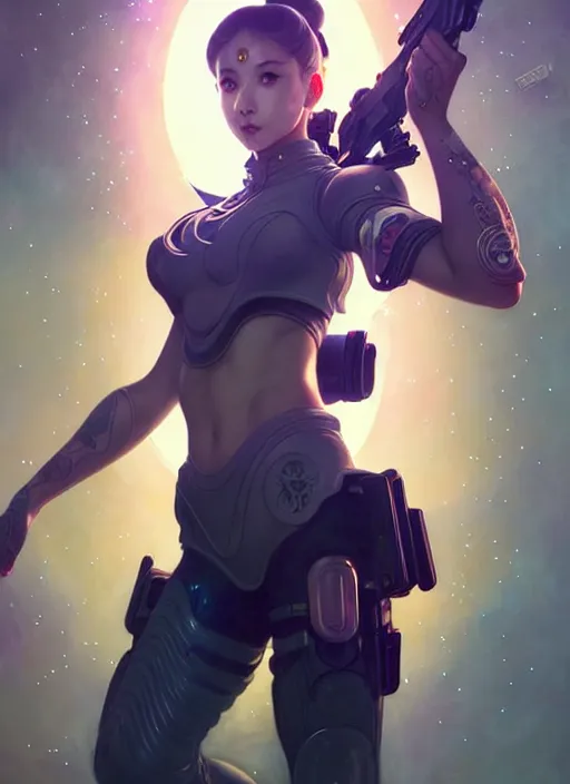 Image similar to sailormoon with tattoos wearing tactical gear, intricate lights, bio luminescent, plasma, by ruan jia and artgerm and range murata and wlop and ross tran and william - adolphe bouguereau and beeple. key art. fantasy illustration. award winning, artstation, intricate details, realistic, hyperdetailed, 8 k resolution.