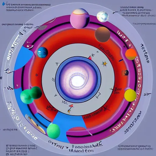 Prompt: a scientific diagram of several small colorful planets orbiting each other