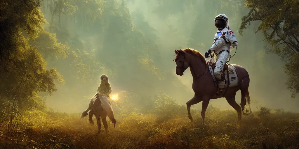 Prompt: american astronaut in an indian forest riding a beautiful stallion, plants environment, furious action scene, wide angle, cinematic lighting, atmospheric, ultrarealistic, trending on artstation, cgsociety, highly detailed, color graded, in the style of craig mullins, rendered in Unreal Engine 4k HQ, horizon forbidden west