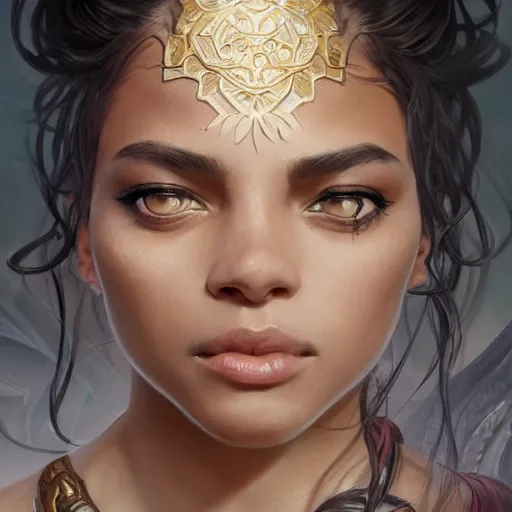 Prompt: beautiful, very strong, mixed race, female, aged 4 0, face, no makeup, head shot, fantasy, highly detailed, digital painting, artstation, concept art, sharp focus, illustration, art by artgerm and greg rutkowski and alphonse mucha