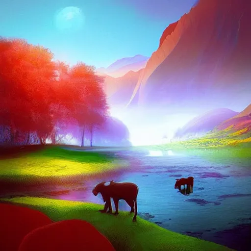 Prompt: A beautiful experimental art of a landscape. It is a stylized and colorful view of an idyllic, dreamlike world with rolling hills, peaceful looking animals, and a flowing river. The scene looks like it could be from another planet, or perhaps a fairy tale. electric orange by Pieter Nason, by Yanjun Cheng passionate