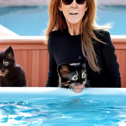 Image similar to celine dion angry at kitten in hot tub lot