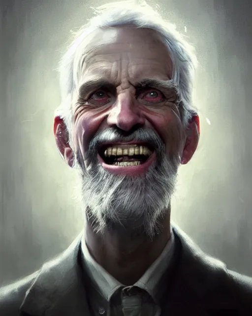 Image similar to epic portrait cinematic shot an crazy scientist smilling wide with wide eyes, creepy, old man, long sharp nose, sharp jaw, gray hair, fine details. night setting. realistic shaded lighting poster by craig mullism, artgerm, jeremy lipkin and michael garmash, unreal engine, radiant light, detailed and intricate environment, digital art, trending on art station,