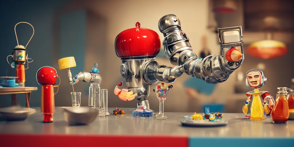 Image similar to closeup portrait of tin toy retro robot chef mixing colourful lab vials cooking pastry in a kitchen, depth of field, zeiss lens, detailed, centered, fashion photoshoot, by nicoletta ceccoli, mark ryden, lostfish, breathtaking, 8 k resolution, extremely detailed, beautiful, establishing shot, artistic, hyperrealistic, octane render