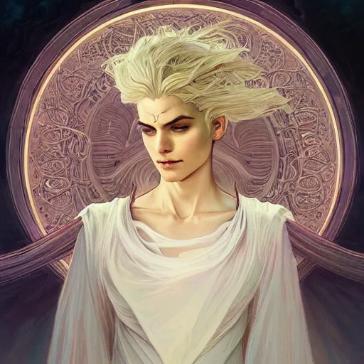 Image similar to god/goddess, non-binary, white hair, long hair, gorgeous, amazing, elegant, intricate, highly detailed, digital painting, artstation, concept art, sharp focus, illustration, art by greg rutkowski and alphonse mucha