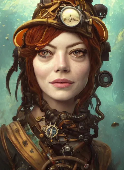 Prompt: underwater steampunk pirate portrait of emma stone, hyper detailed, digital art, trending in artstation, cinematic lighting, studio quality, smooth render, unreal engine 5 rendered, octane rendered, art style by klimt and nixeu and ian sprigger and wlop and krenz cushart.