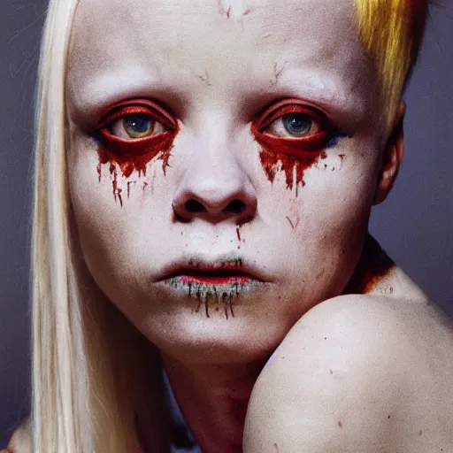 Image similar to realistic expired kodak film portrait of female albino yolandi visser, hyperrealism, hypermaximalism, photorealistic, detailed, atmospheric, 8 k, award winning photography, cinematic