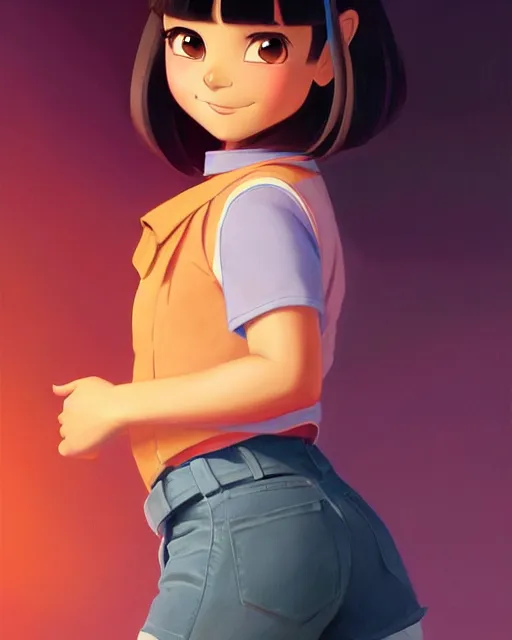 Prompt: real girl dora the explorer wearing her cloth made from leather, fine detail!! anime!! realistic shaded lighting!!, kim hyun joo, digital painting by ilya kuvshinov, magali villeneuve, artgerm, jeremy lipkin and michael garmash and rob rey