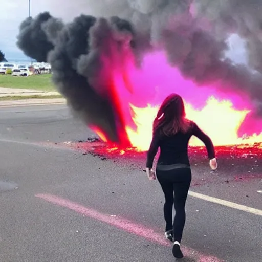 Image similar to Savage photo of a pretty! woman wearing black walking away from an explosion, majestic!!