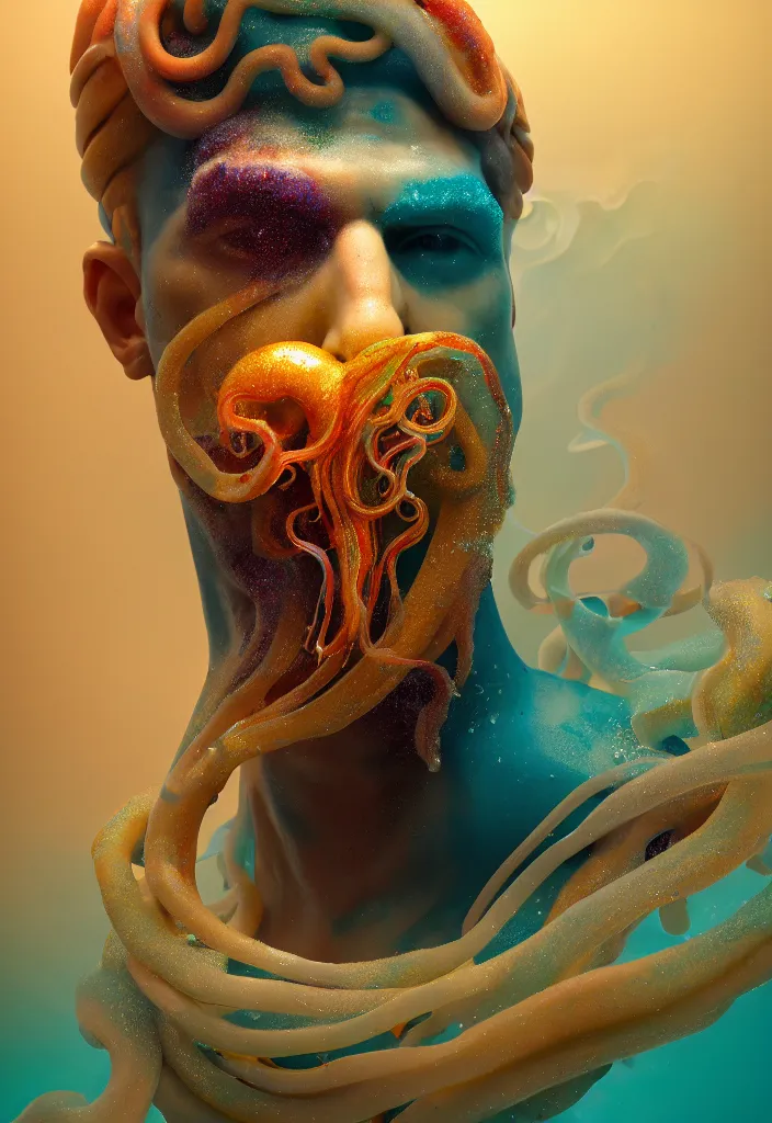 Prompt: subsurface scattering, poseidon made of soft wax, cgsociety, translucent, organic squid and ceramic art nouveau swirls, golden orbs, colored smoke, in the style of alberto seveso and ruan jia and beeple and giger, mystical colors, back light, rim light, dramatic lighting, 8 k, stunning scene, raytracing, octane render