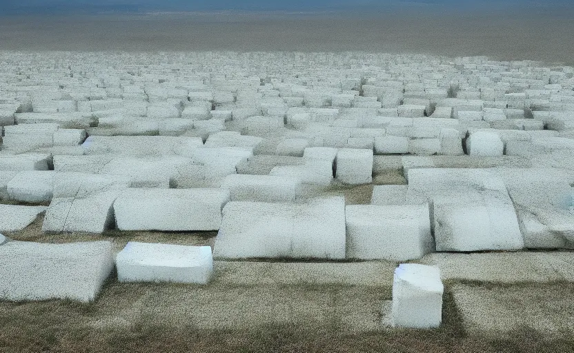 Prompt: a single file line of identical large white concrete blocks sitting on an infinite empty grassy plain