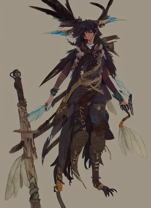 Prompt: concept art painting of a harpy pathfinder strix with black feathers, androgynous, pirate clothes, detailed, realistic, cel shaded, in the style of makoto shinkai and james gurney and alphonse mucha and greg rutkowski and artgerm