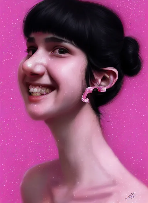 Image similar to portrait of teenage girl, realistic, black hair, bangs, half updo hairstyle, pointy nose, skinny, smile, ugly, defined jawline, big chin, pink hair bow, earrings, intricate, elegant, glowing lights, highly detailed, digital painting, artstation, sharp focus, illustration, art by wlop, mars ravelo and greg rutkowski