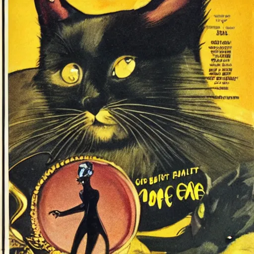 Image similar to cover for a magazine called'the black cat ', high quality scan, 1 9 7 0