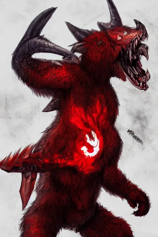 Image similar to Draconic crimson red bear with white stripes, Monster Hunter, CAPCOM, HD, trending on artstation, D&D, Dark Fantasy, Epic Fantasy, Dragon's Dogma