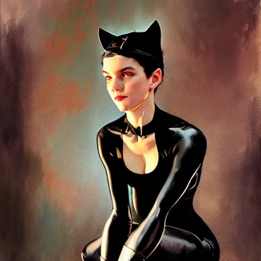 Prompt: Catwoman as little girl, wears black boots, whole body, 4k, super detailed, long shot, elegant, digital painting, concept art, sharp focus, art by artgem and greg rutkowski and alphonse mucha