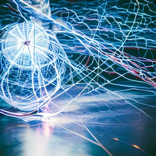 Image similar to river, bokeh, hyperdodecahedron, tesla coil