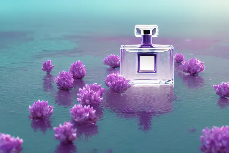 Prompt: perfume bottle close shot, sharp focus, global illumination, standing on lilipads in a cool blue frosted pond, dramatic, mid day, lilac aurora borealis background, soft lilac skies, large scale, hyperrealistic, lots of detail, realistic lighting, octane render, by wlop, artgerm, trending on artstation