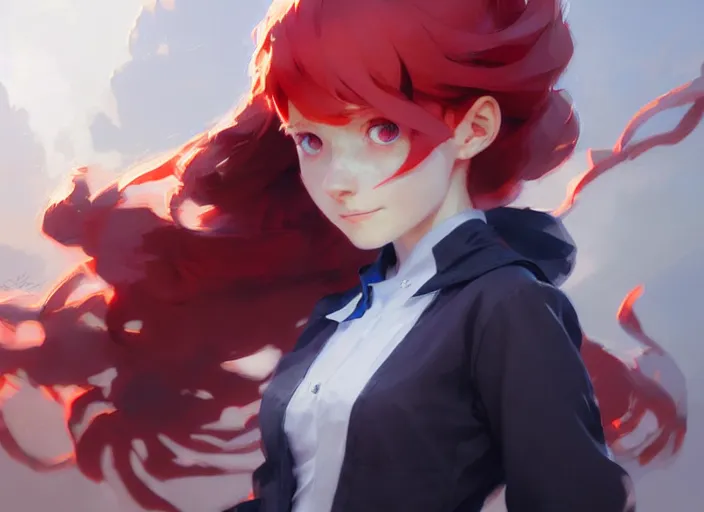 Prompt: little witch academia, red hair, white school uniform, intricate, sharp focus, illustration, highly detailed, digital painting, concept art, matte, art by ruan jia and wlop and greg rutkowski, masterpiece