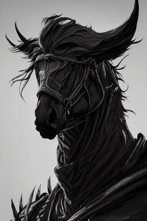 Image similar to a portrait of the horseman of the apocalypse, famine, grim - lighting, high - contrast, intricate, elegant, highly detailed, digital painting, artstation, concept art, smooth, sharp focus, illustration