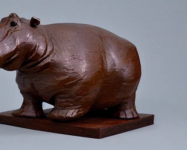 Image similar to a sculpture of hippo baby, half wood carved half resin epoxy, cubic blocks, side view centered