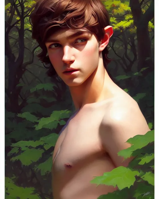 Image similar to stylized portrait of an artistic pose, composition, young faun surrounded by nature, realistic shaded, fine details, realistic shaded lighting poster by ilya kuvshinov, magali villeneuve, artgerm, jeremy lipkin and michael garmash and rob rey