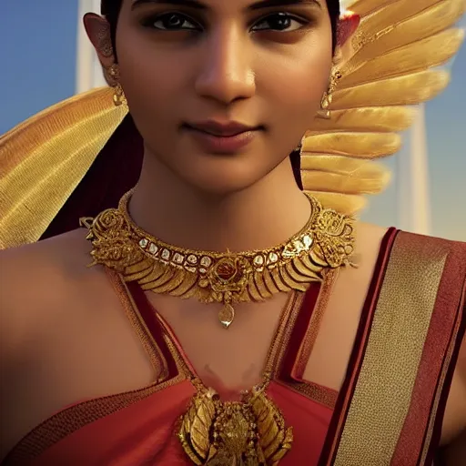 Image similar to a beautiful indian athletic slim female has a halo floating over her head like she was a holy person, the halo was made by a jeweler with gold with intricate details, unreal engine 5