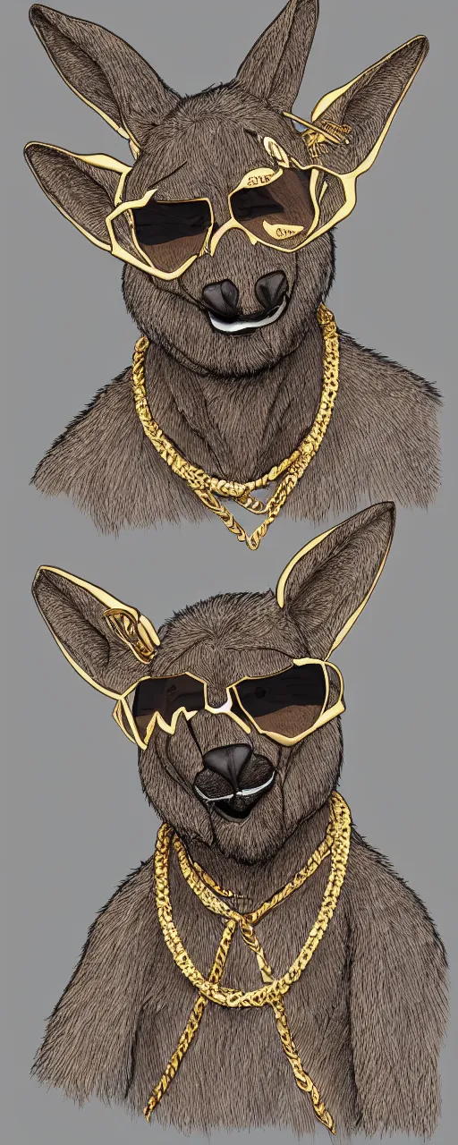 Prompt: Kanye West kangaroo fursona full body reference sheet incredible details commission glasses, gold chain, bling, trending on /r/furry