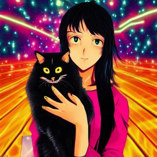 Image similar to a anime aesthetic woman with long dark hair holding a cat in her arm standing on steps in a field at night, a hologram by kusama, instagram, optical illusion, full body, ultra hd, neon, pexels contest winner, high quality photo, rtx, hd, shiny eyes, a renaissance painting by sailor moon