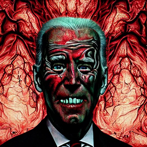 Image similar to biden became bloody ugly lovecraftian degenerate abomination, photo - realistic, color image, 2 k, highly detailed, bodyhorror, occult art, fractal structure