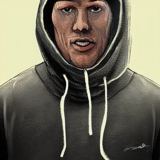 Prompt: a highly detailed headshot portrait of a man wearing a ski mask with a hoodie concept art